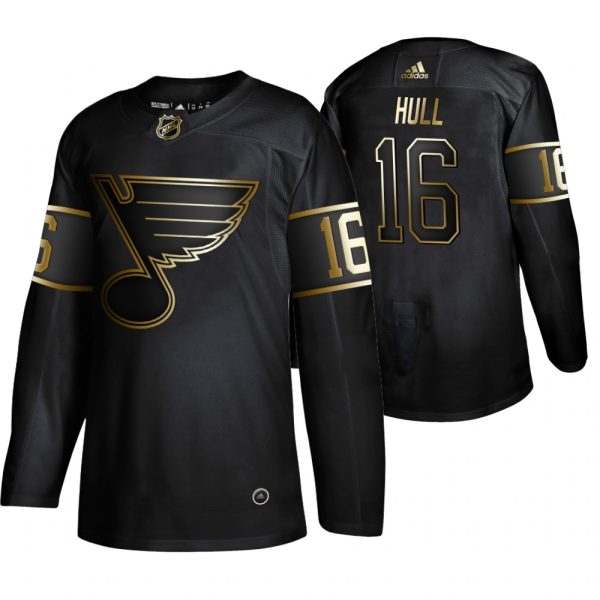 Stunning Adidas Blues #16 Brett Hull Men's 2019 Black Golden Edition Retired Player Authentic Stitched NHL Jersey