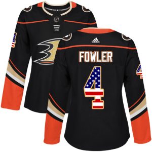 Premium Adidas Ducks #4 Cam Fowler Black Home Authentic USA Flag Women's Stitched NHL Jersey