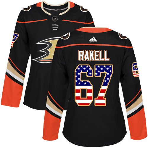 Stunning Adidas Ducks #67 Rickard Rakell Black Home Authentic USA Flag Women's Stitched NHL Jersey