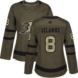 Exquisite Adidas Ducks #8 Teemu Selanne Green Salute to Service Women's Stitched NHL Jersey
