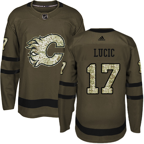 Stunning Adidas Flames #17 Milan Lucic Green Salute to Service Stitched NHL Jersey
