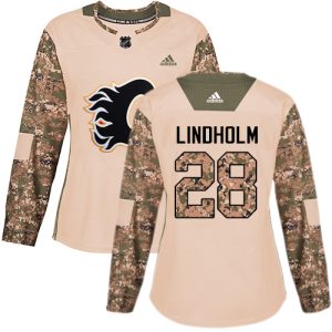 Stunning Adidas Flames #28 Elias Lindholm Camo Authentic 2017 Veterans Day Women's Stitched NHL Jersey