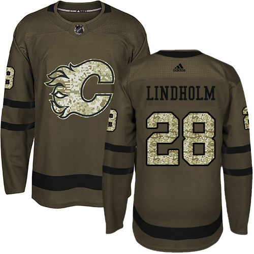 Exceptional Adidas Flames #28 Elias Lindholm Green Salute to Service Stitched Youth NHL Jersey