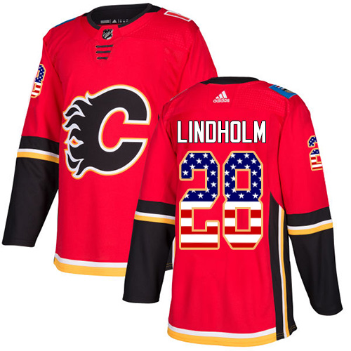 Premium Adidas Flames #28 Elias Lindholm Red Home Authentic USA Flag Stitched Youth NHL Jersey