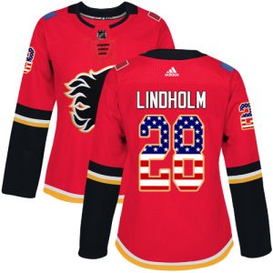 Exquisite Adidas Flames #28 Elias Lindholm Red Home Authentic USA Flag Women's Stitched NHL Jersey