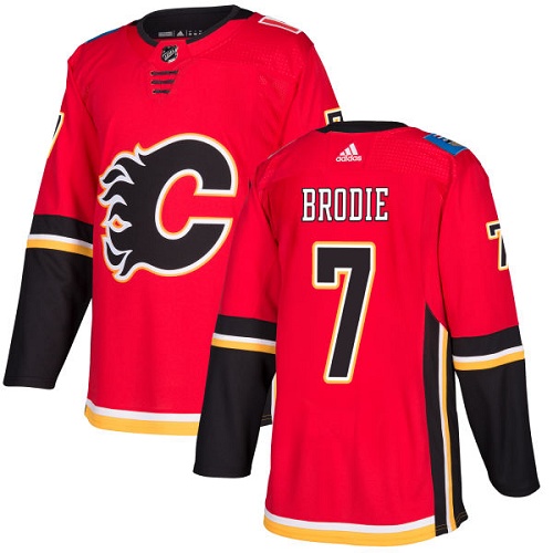 Premium Adidas Flames #7 TJ Brodie Red Home Authentic Stitched NHL Jersey