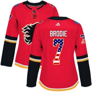 Magnificent Adidas Flames #7 TJ Brodie Red Home Authentic USA Flag Women's Stitched NHL Jersey