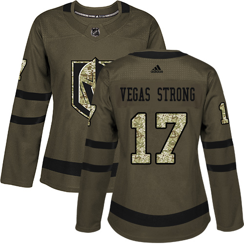 Stunning Adidas Golden Knights #17 Vegas Strong Green Salute to Service Women's Stitched NHL Jersey