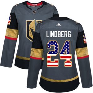 Splendid Adidas Golden Knights #24 Oscar Lindberg Grey Home Authentic USA Flag Women's Stitched NHL Jersey