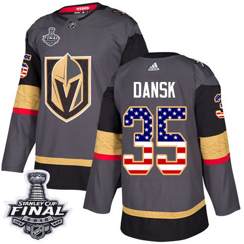 Gorgeous Adidas Golden Knights #35 Oscar Dansk Grey Home Authentic USA Flag 2018 Stanley Cup Final Stitched NHL Jersey