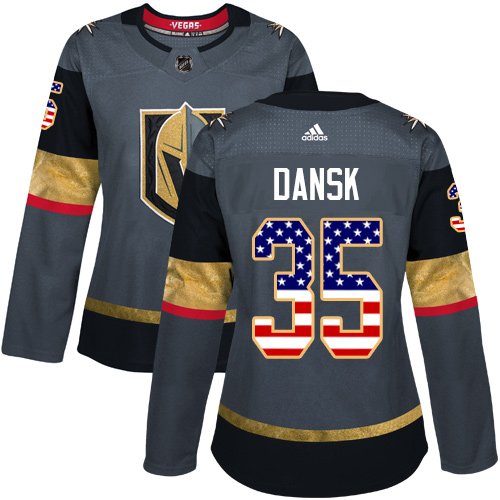 Outstanding Adidas Golden Knights #35 Oscar Dansk Grey Home Authentic USA Flag Women's Stitched NHL Jersey