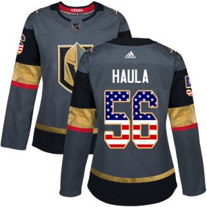 Stunning Adidas Golden Knights #56 Erik Haula Grey Home Authentic USA Flag Women's Stitched NHL Jersey