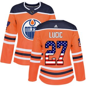 Stunning Adidas Oilers #27 Milan Lucic Orange Home Authentic USA Flag Women's Stitched NHL Jersey