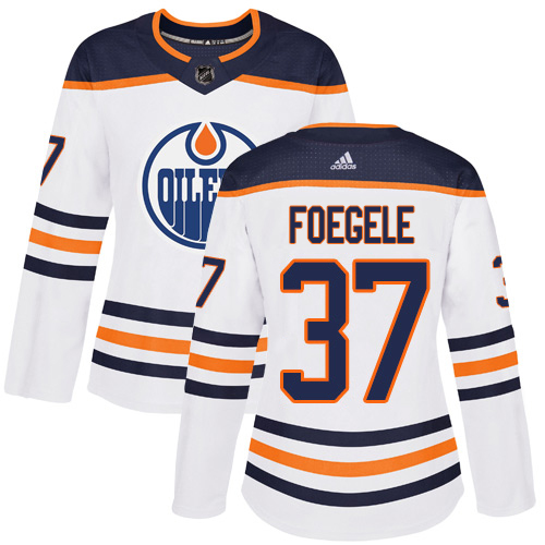 Splendid Adidas Oilers #37 Warren Foegele White Road Authentic Women's Stitched NHL Jersey