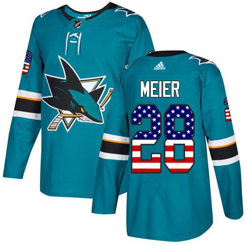 First - rate Adidas Sharks #28 Timo Meier Teal Home Authentic USA Flag Stitched NHL Jersey
