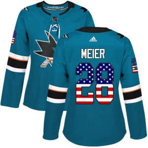 Gorgeous Adidas Sharks #28 Timo Meier Teal Home Authentic USA Flag Women's Stitched NHL Jersey