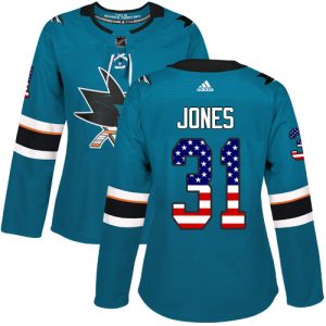 First - rate Adidas Sharks #31 Martin Jones Teal Home Authentic USA Flag Women's Stitched NHL Jersey