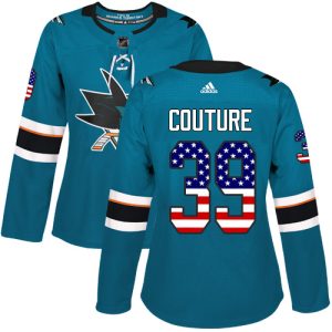 Outstanding Adidas Sharks #39 Logan Couture Teal Home Authentic USA Flag Women's Stitched NHL Jersey