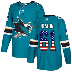 Stunning Adidas Sharks #61 Justin Braun Teal Home Authentic USA Flag Stitched NHL Jersey