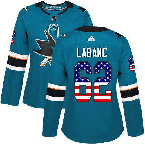 Outstanding Adidas Sharks #62 Kevin Labanc Teal Home Authentic USA Flag Women's Stitched NHL Jersey