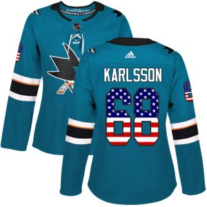 Exquisite Adidas Sharks #68 Melker Karlsson Teal Home Authentic USA Flag Women's Stitched NHL Jersey