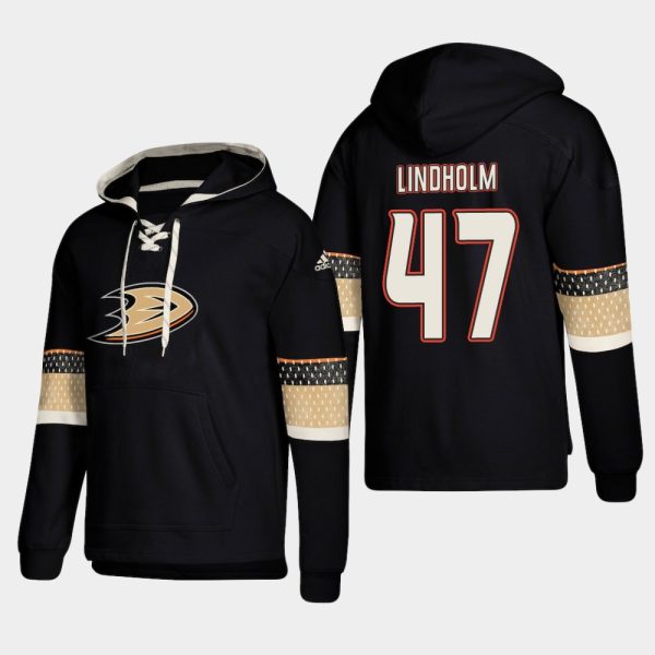 Exquisite Anaheim Ducks #47 Hampus Lindholm Black adidas Lace Up Pullover Hoodie