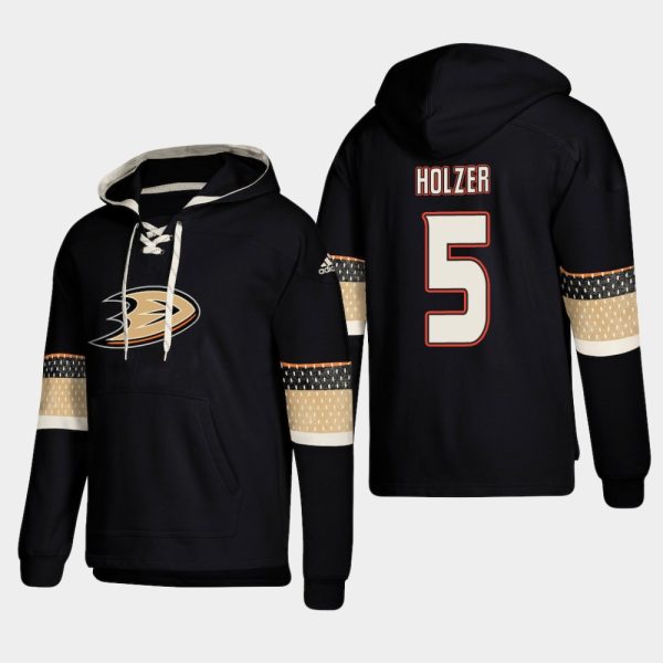 Outstanding Anaheim Ducks #5 Korbinian Holzer Black adidas Lace Up Pullover Hoodie