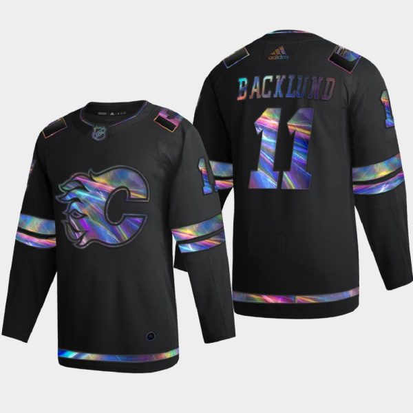 Stunning Calgary Flames #11 Mikael Backlund Men's Nike Iridescent Holographic Collection NHL Jersey Black
