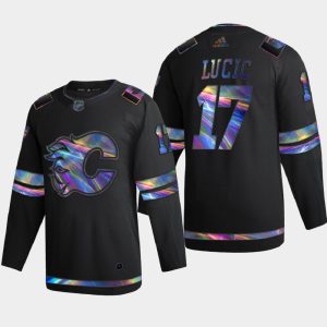 Stunning Calgary Flames #17 Milan Lucic Men's Nike Iridescent Holographic Collection NHL Jersey   Black
