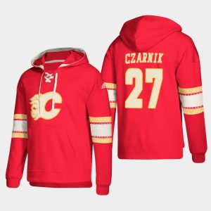 Exceptional Calgary Flames #27 Austin Czarnik Red adidas Lace Up Pullover Hoodie