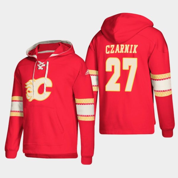 Exceptional Calgary Flames #27 Austin Czarnik Red adidas Lace Up Pullover Hoodie