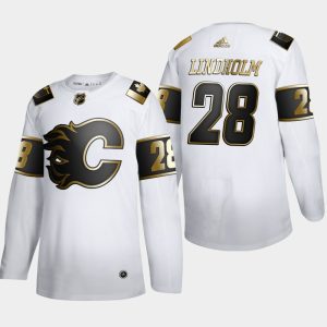 Splendid Calgary Flames #28 Elias Lindholm Men's Adidas White Golden Edition Limited Stitched NHL Jersey