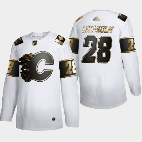 Splendid Calgary Flames #28 Elias Lindholm Men's Adidas White Golden Edition Limited Stitched NHL Jersey