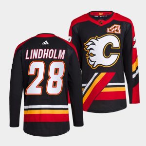 Premium Calgary Flames #28 Elias Lindholm Men's adidas Reverse Retro 2.0 Authentic Player Jersey   Black