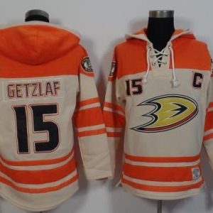 First - rate Ducks #15 Ryan Getzlaf Cream/Orange Sawyer Hooded Sweatshirt Stitched NHL Jersey