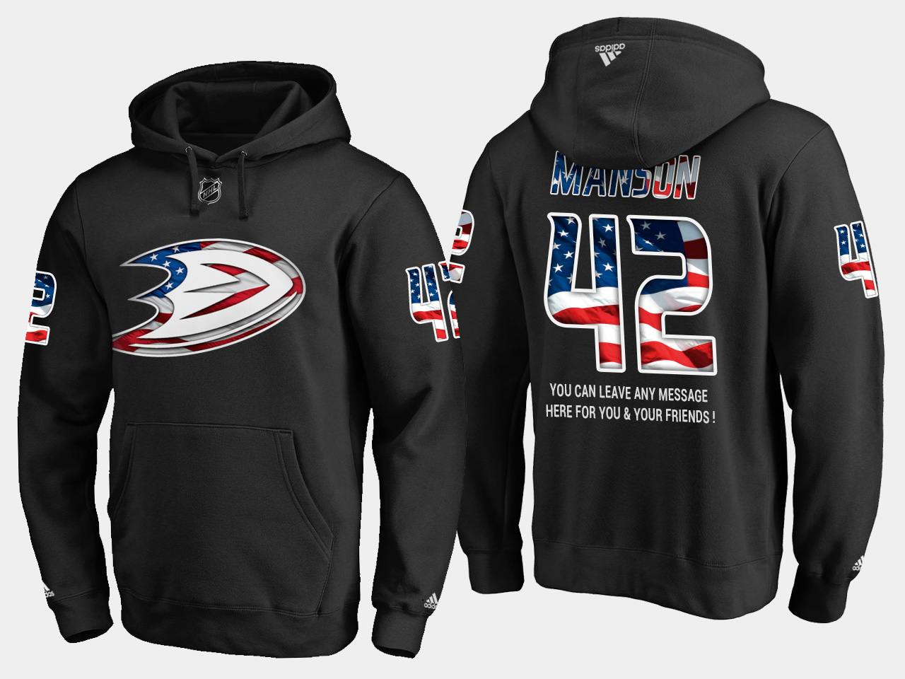 Premium Ducks #42 Josh Manson NHL Banner Wave Usa Flag Black Hoodie