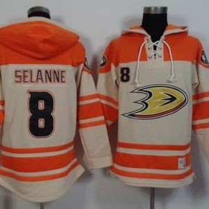 First - rate Ducks #8 Teemu Selanne Cream/Orange Sawyer Hooded Sweatshirt Stitched NHL Jersey