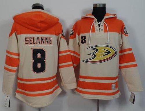 First - rate Ducks #8 Teemu Selanne Cream/Orange Sawyer Hooded Sweatshirt Stitched NHL Jersey