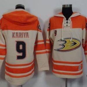 Stunning Ducks #9 Paul Kariya Cream/Orange Sawyer Hooded Sweatshirt Stitched NHL Jersey