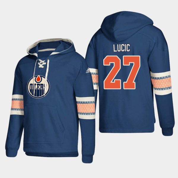 Exquisite Edmonton Oilers #27 Milan Lucic Royal adidas Lace Up Pullover Hoodie