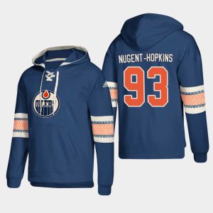 Premium Edmonton Oilers #93 Ryan Nugent Hopkins Royal adidas Lace Up Pullover Hoodie