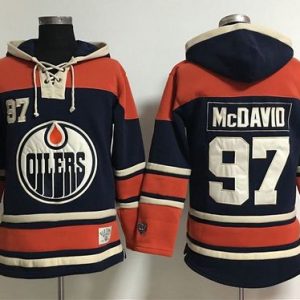 Stunning Edmonton Oilers #97 Connor McDavid Navy Blue Women's Old Time Lacer NHL Hoodie