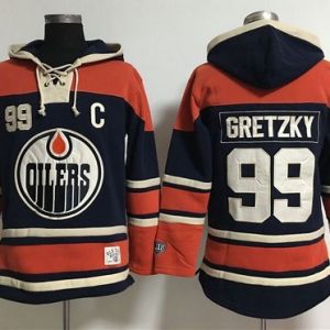 Gorgeous Edmonton Oilers #99 Wayne Gretzky Navy Blue Women's Old Time Lacer NHL Hoodie