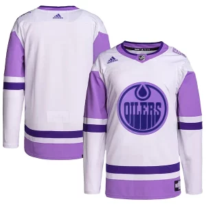 Splendid Edmonton Oilers adidas Hockey Fights Cancer Primegreen Authentic Blank Practice Jersey   White/Purple