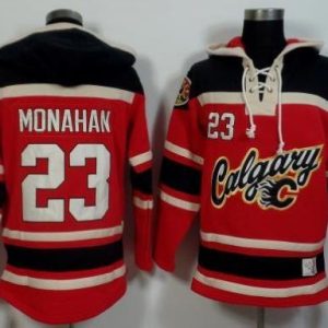 Gorgeous Flames #23 Sean Monahan Red/Black Sawyer Hooded Sweatshirt Stitched NHL Jersey