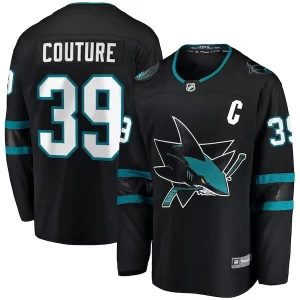 Stunning Logan Couture San Jose Sharks Alternate Premier Breakaway Player Captain Jersey   Black/Teal