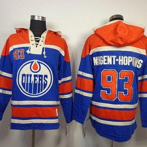 Gorgeous Oilers #93 Nugent Hopkins Light Blue Sawyer Hooded Sweatshirt Stitched NHL Jersey