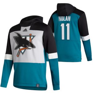 Exquisite San Jose Sharks #11 Owen Nolan Adidas Reverse Retro Pullover Hoodie Gray Teal