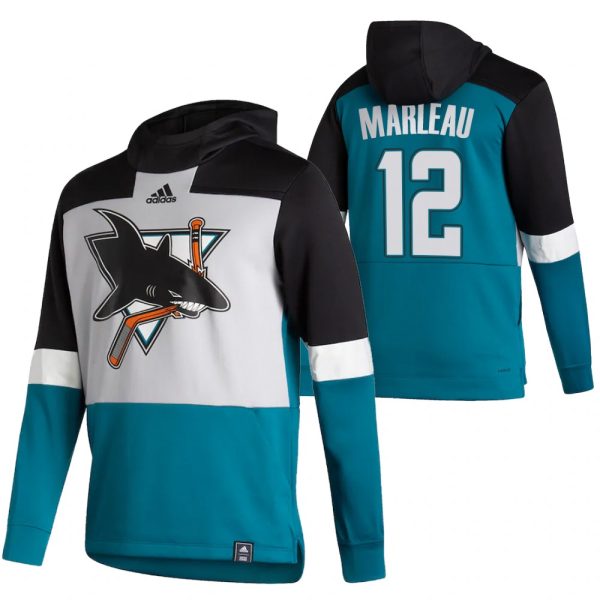 Premium San Jose Sharks #12 Patrick Marleau Adidas Reverse Retro Pullover Hoodie Gray Teal