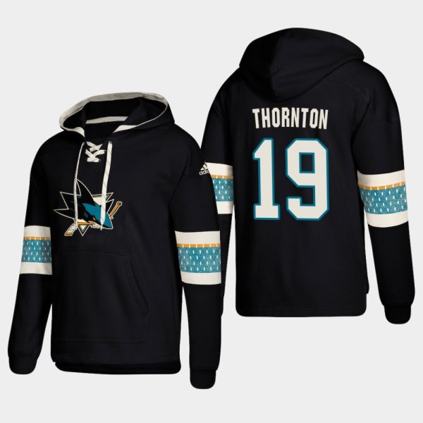 Superior San Jose Sharks #19 Joe Thornton Black adidas Lace Up Pullover Hoodie